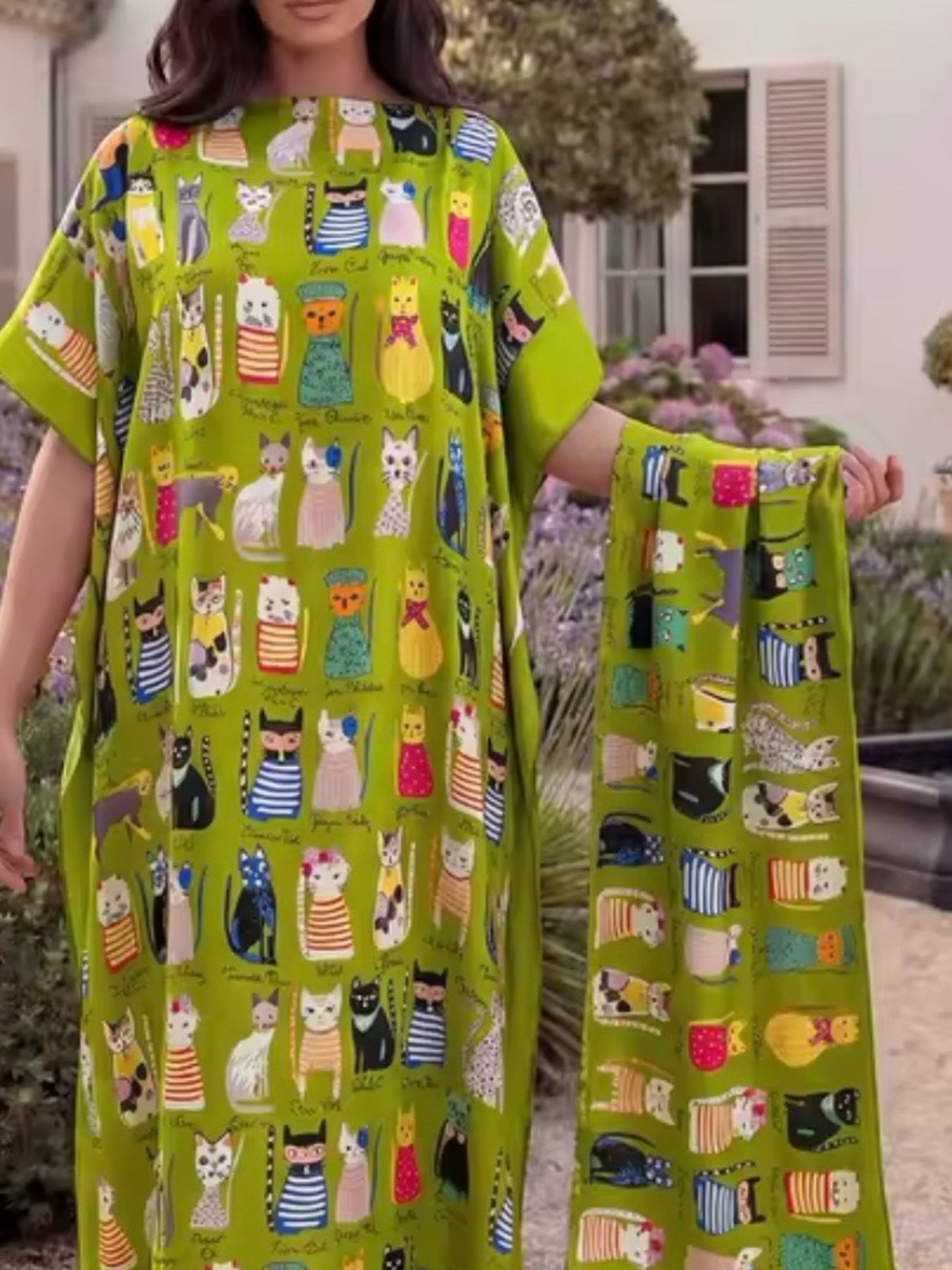 Cat Print Caftan Dress in Bright Green - Pet Lover's Lounge Wear